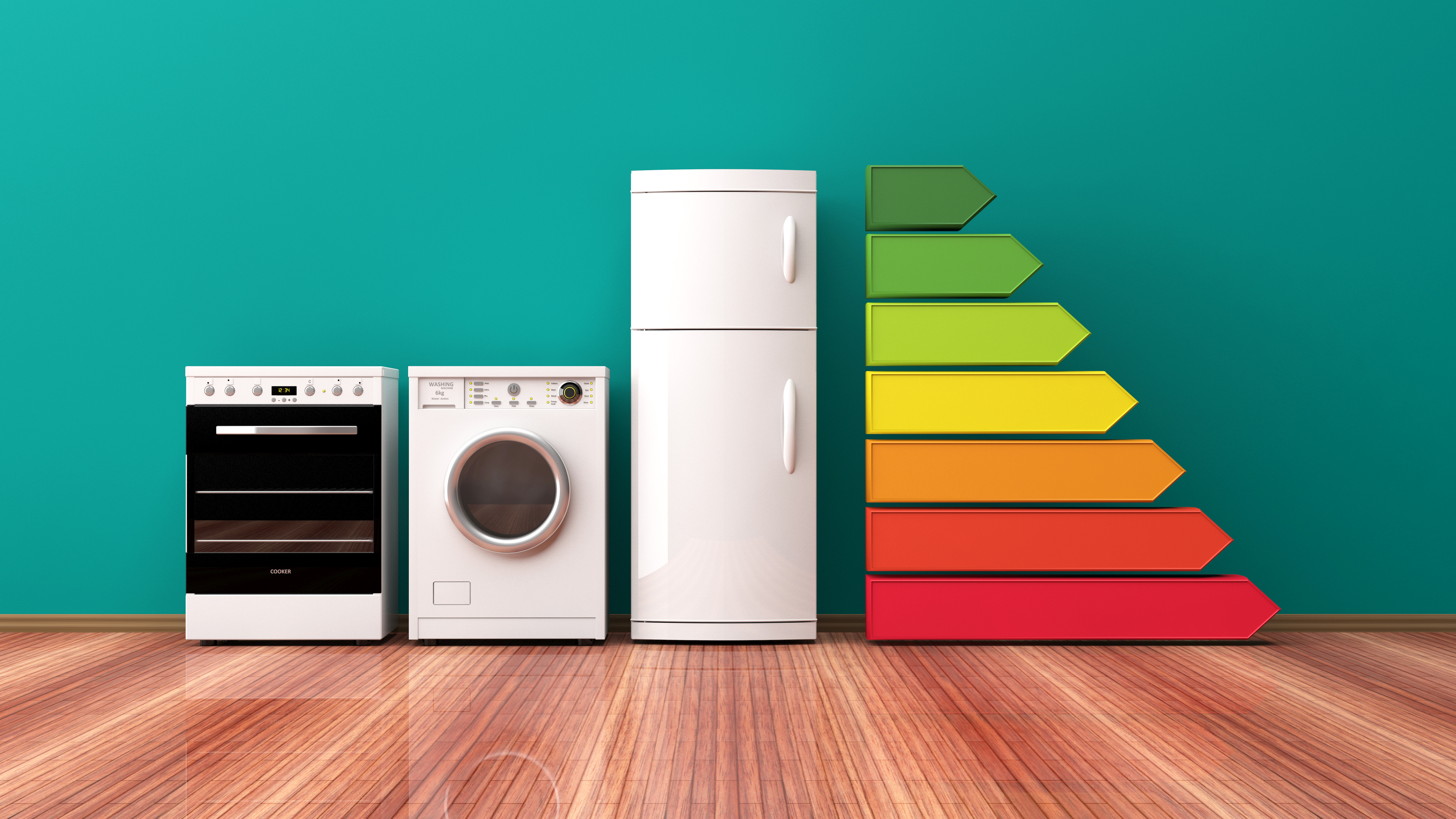 A range, washer, and refrigerator aside a graphic of multiple bars in graduating colors against a teal wall 