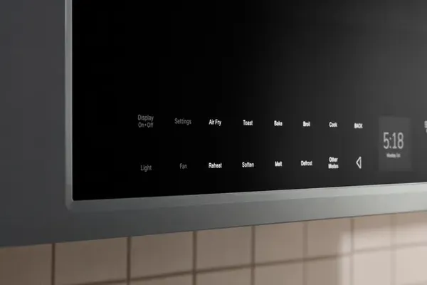 A close-up of the control panel on the KitchenAid KMMF530PPS over the range microwave