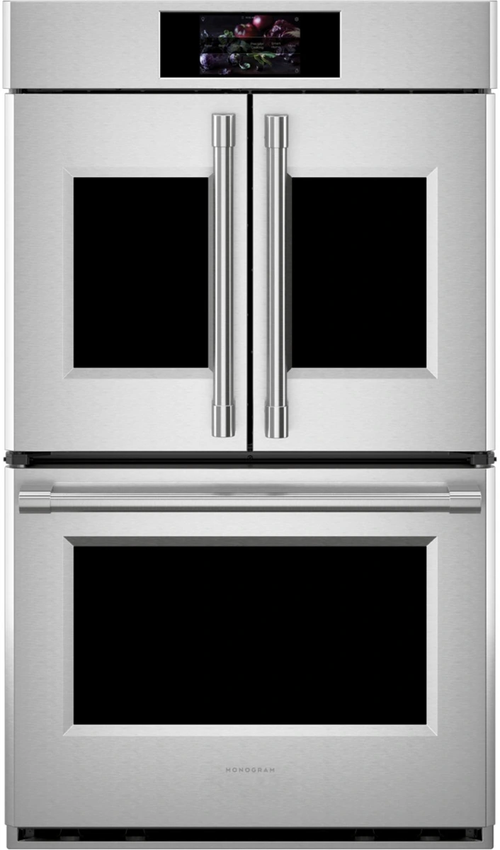 Front view of the Monogram ZTDX1FPSNSS French door double oven 