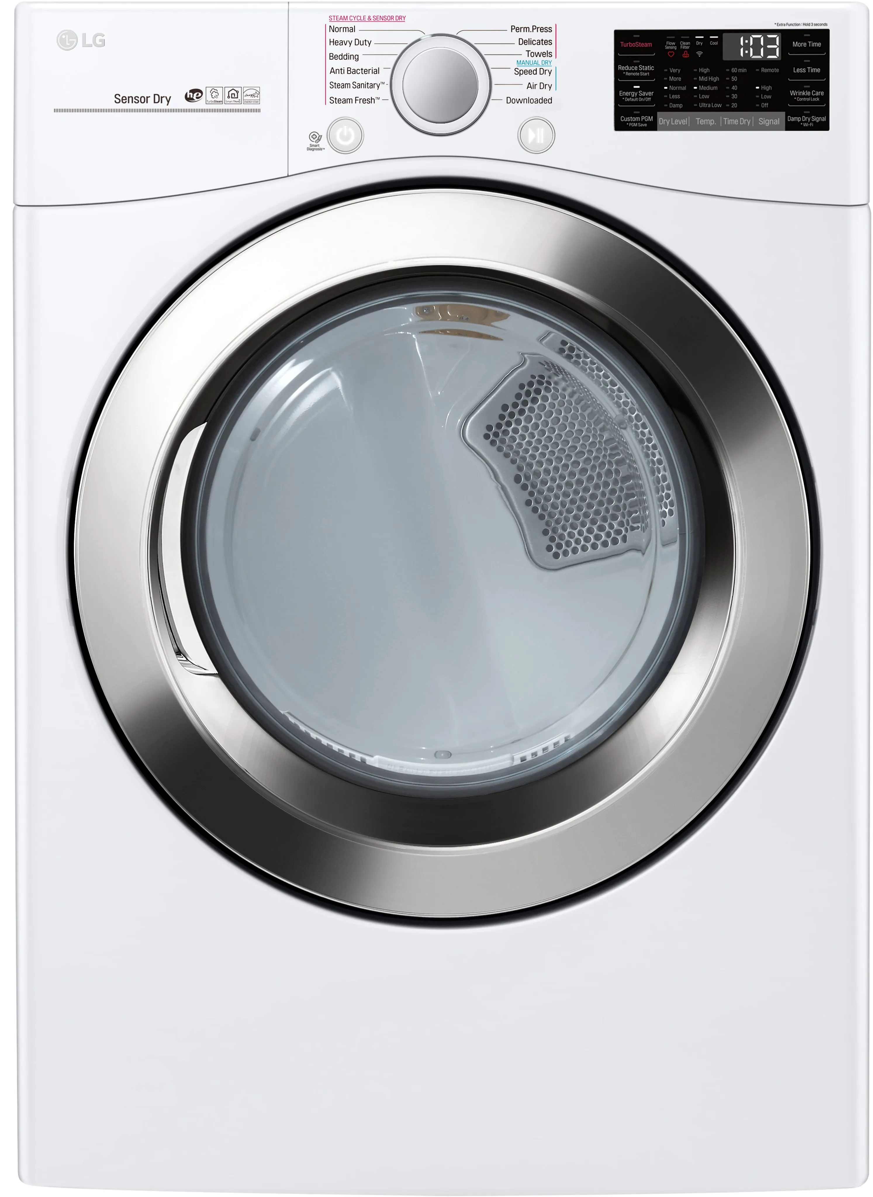 Front view of the LG DLEX3700W electric dryer 