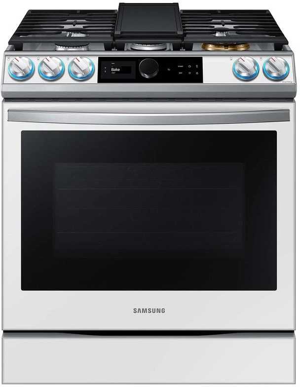 Front view of the Samsung NX60BB871112 30” gas range 