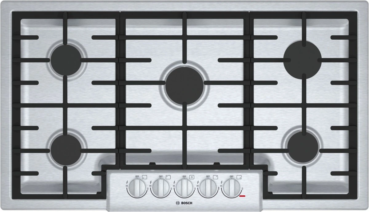 Overhead look the Bosch 800 Series NGM8656UC 36” gas cooktop 