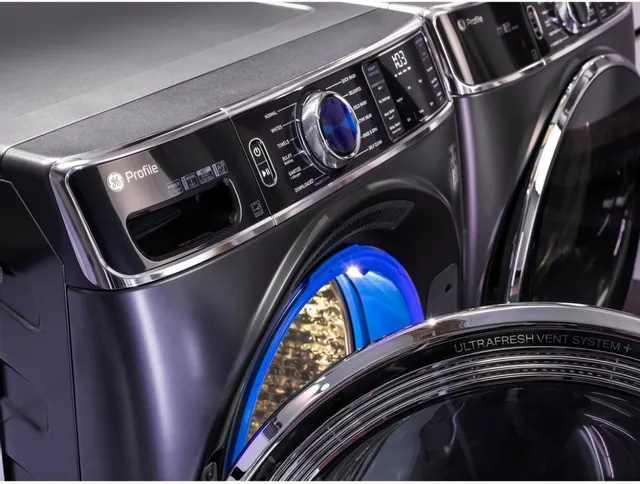 A close up of the GE Profile PFD95ESPTDS front load dryer