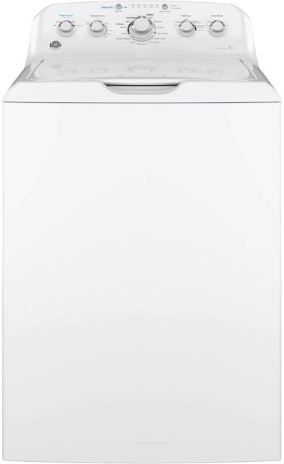 Front view of GE GTW465ASNWW top load agitator washer 