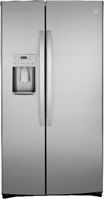 Front view of the GE GZS22IYNFS side by side refrigerator 