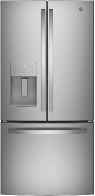 Front view of the GE GYE18JYLFS 33” French door refrigerator 
