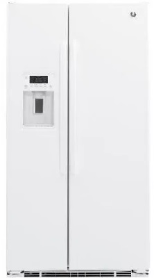 Front view of the GE GZS22DGJWW white side by side refrigerator 