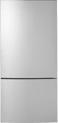 Front view of the GE GBE17HYRFS bottom freezer refrigerator 