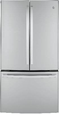 Front view of the GE GWE23GYNFS French door refrigerator 