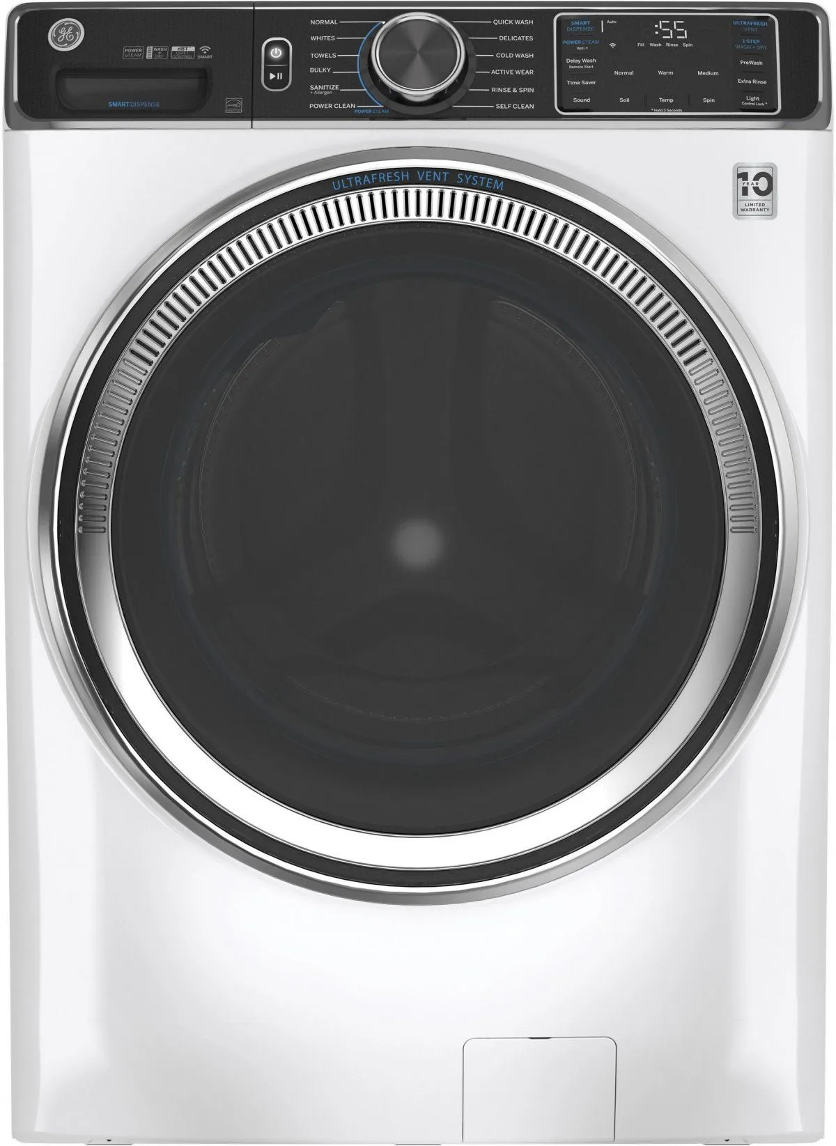 Front view of the GE GFW850SSNWW front load washer 