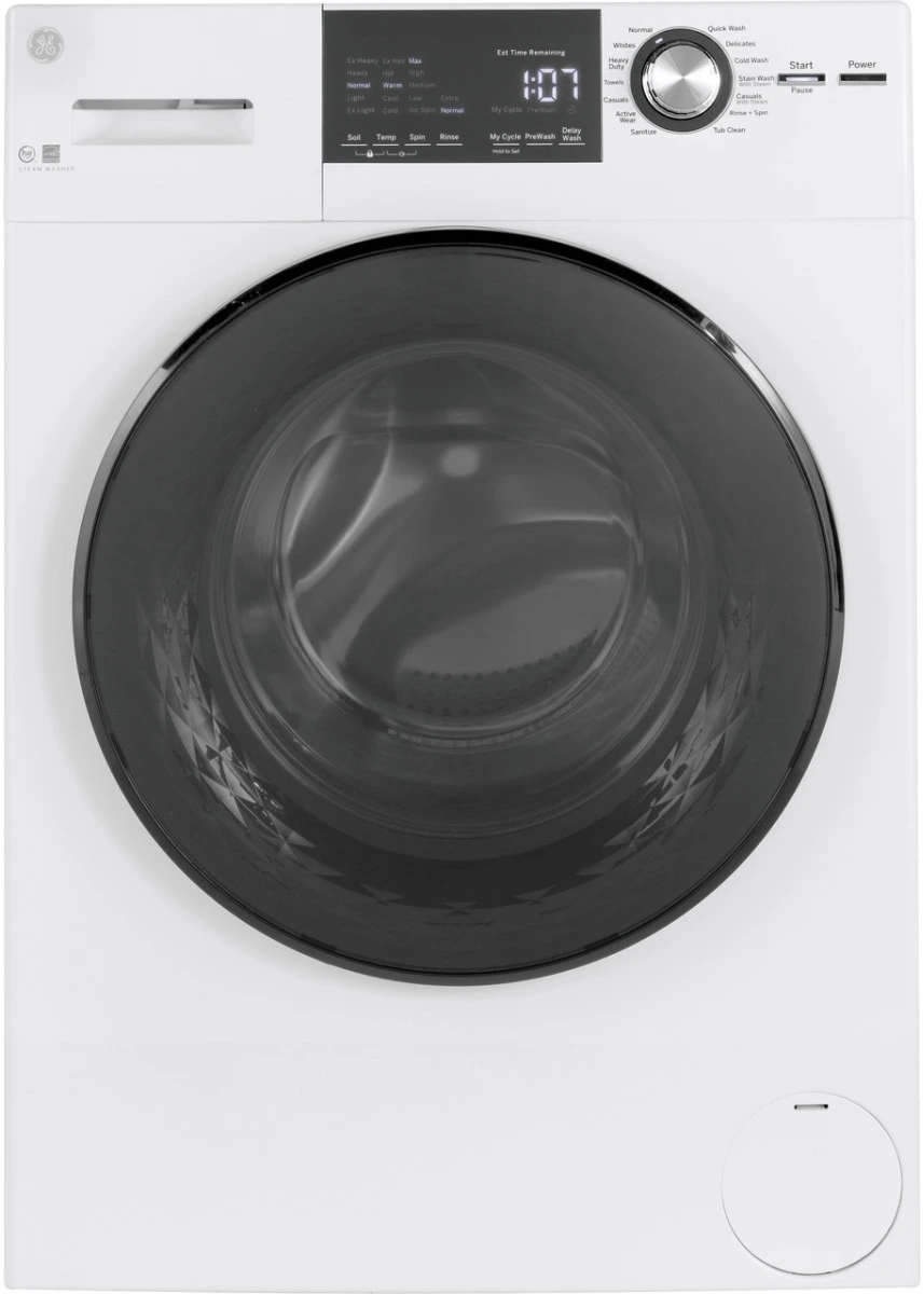 Front view of the GE GFW148SSMWW front load washer 