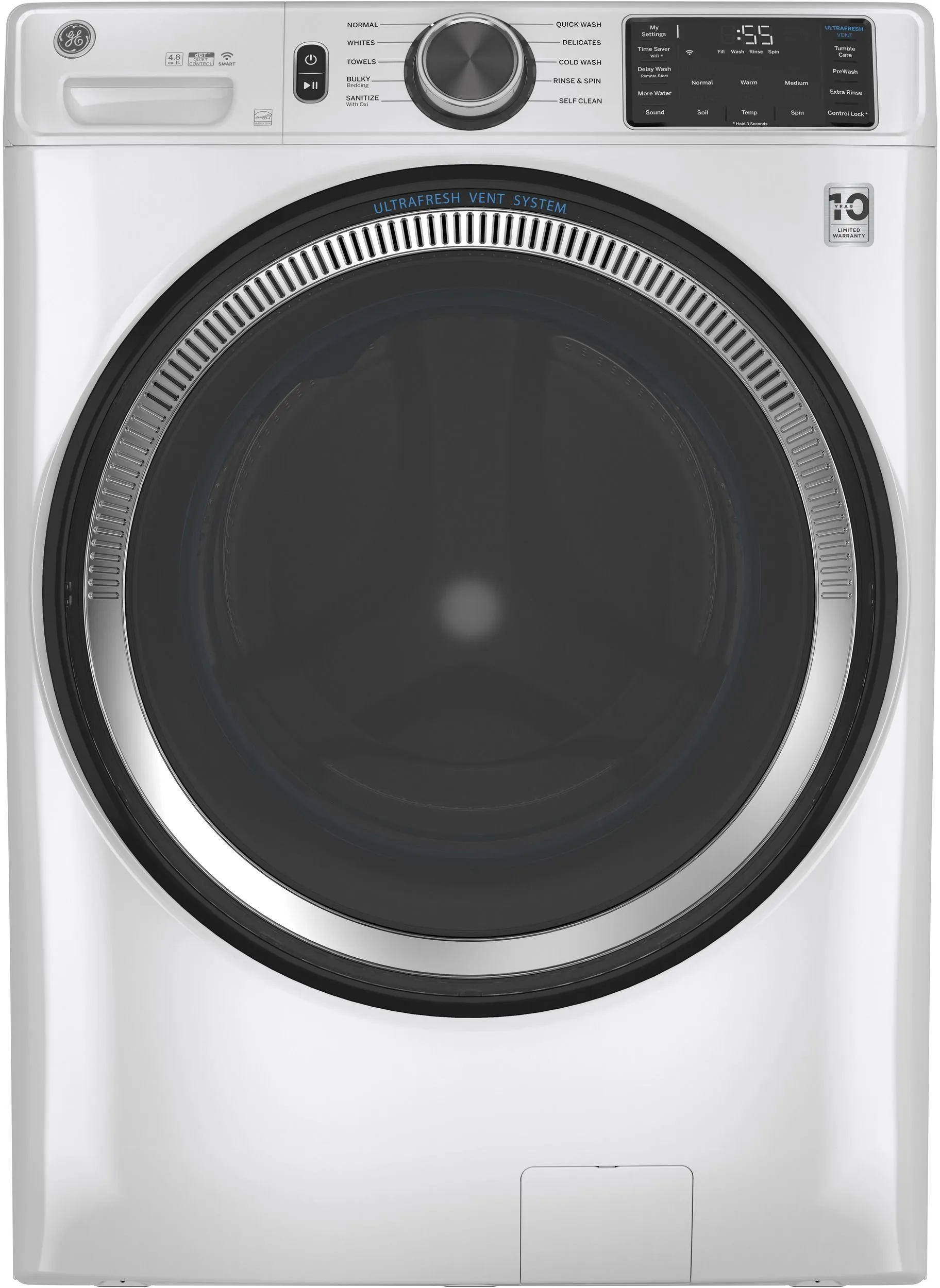 Front view of the GE GFW550SSNWW front load washer 