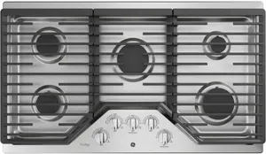 Front view of the GE Profile PGP7036SLSS gas cooktop 