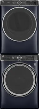 Front view of the GE GFW850SPNRS washer and GE GFD85ESPNRS washer stacked 