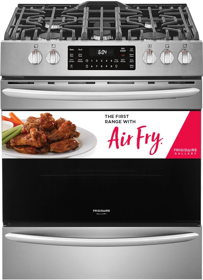 Front view of the Frigidaire Gallery FGGH3047VF air fry range 