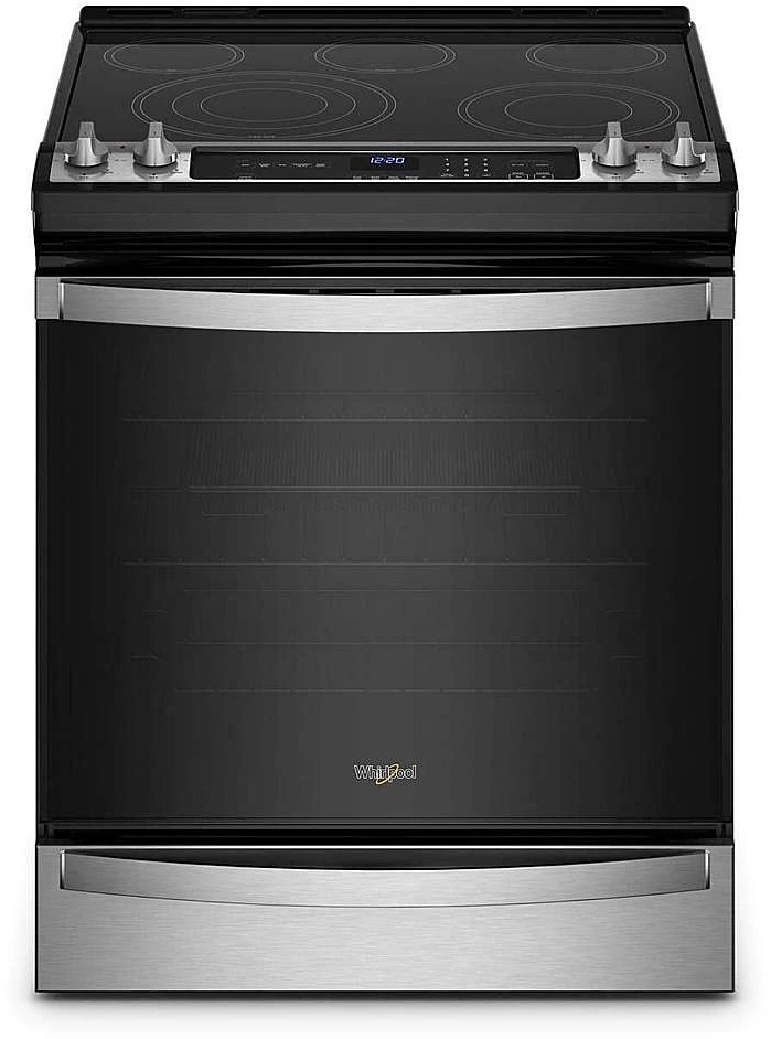 Front view of the Whirlpool WEE745H0LZ air fry range 