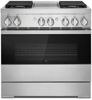Front view of the Jenn Air NOIR collection JDRP536HM range 