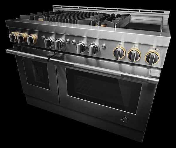 A close-up of a JennAir 48” range 
