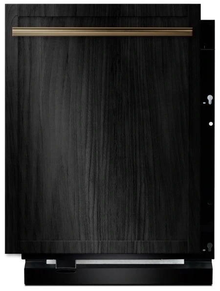 Front view of JennAir JDPSS245LX panel ready dishwasher with a black wood finish 