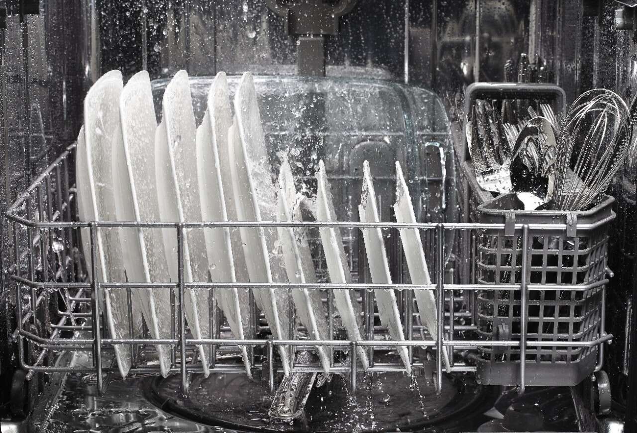 Inside of a KitchenAid dishwasher 