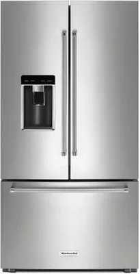 Front view of the KitchenAid KRFC704FPS French door refrigerator 