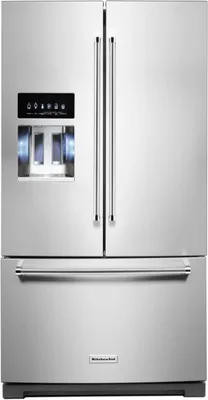 Front view of the KitchenAid KRFF577KPS French door refrigerator 
