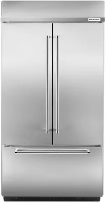 Front view of the KitchenAid KBFN502ESS French door refrigerator 