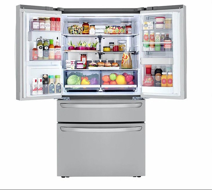 LG French door refrigerator shown with its doors open 