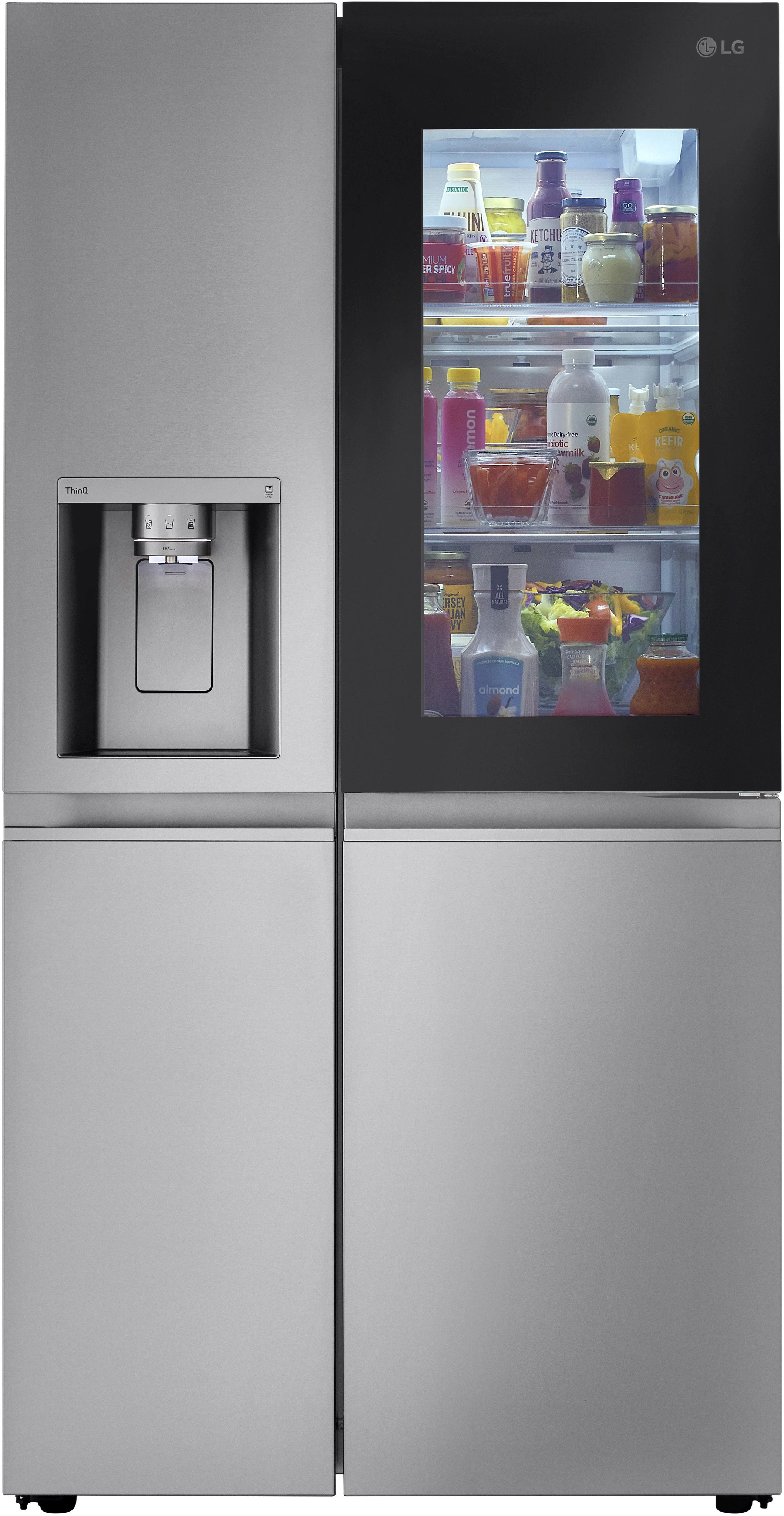 Front view of LG InstaView side by side refrigerator