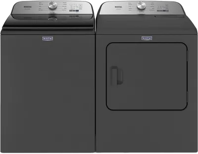 Front view of the Maytag MVW6500MBK Pet Pro washer and Maytag MED6500MBK Pet Pro dryer 