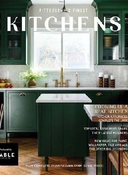 The Front cover of the Pittsburgh’s Finest Kitchens magazine featuring a green-themed kitchen 