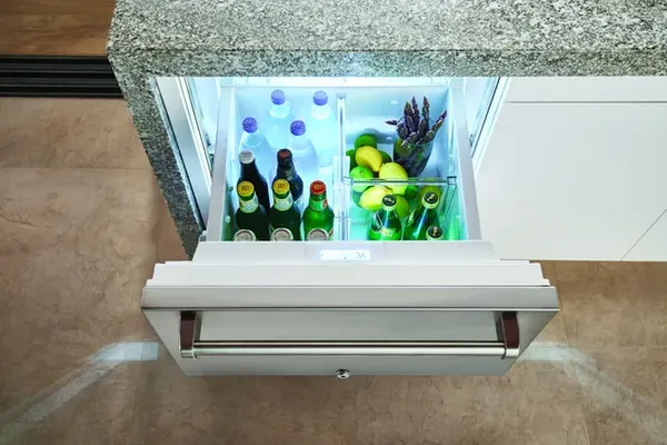 Overhead view of the Sub-Zero ID-24RO drawer refrigerators with the bottom drawer open 