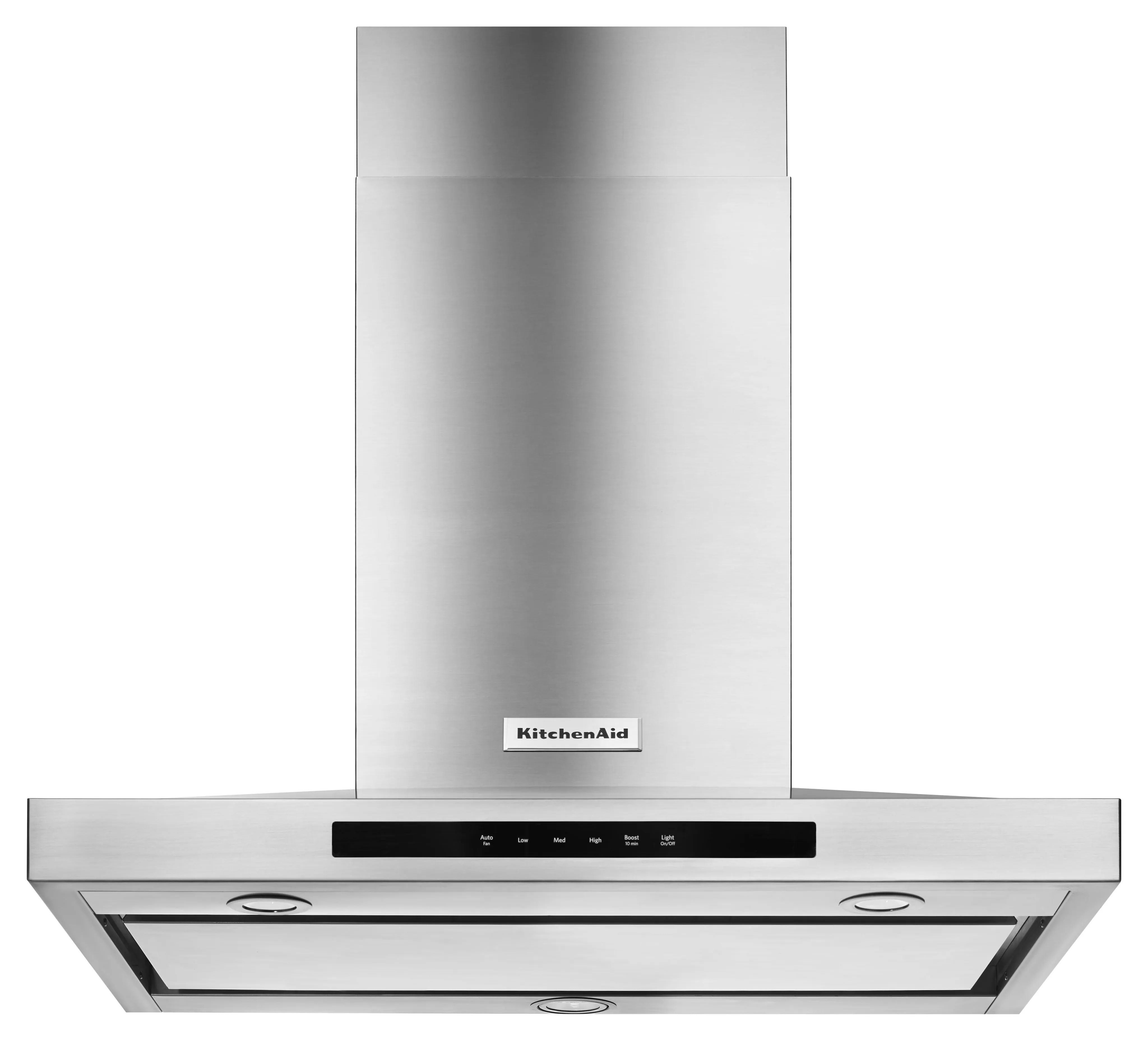Front view of the KitchenAid KVWB606DSS wall mount hood 