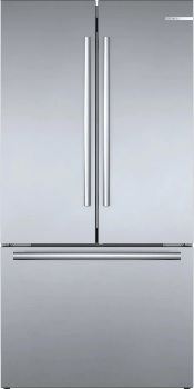 Front view of the Bosch 800 Series B36CT80SNS French door refrigerator 