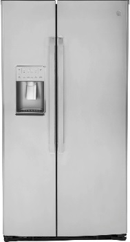 Front view of the GE Profile PSE25KYHFS side by side refrigerator 