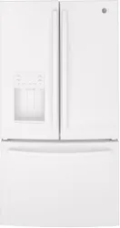Front view of the GE GFE26JGMWW French door refrigerator