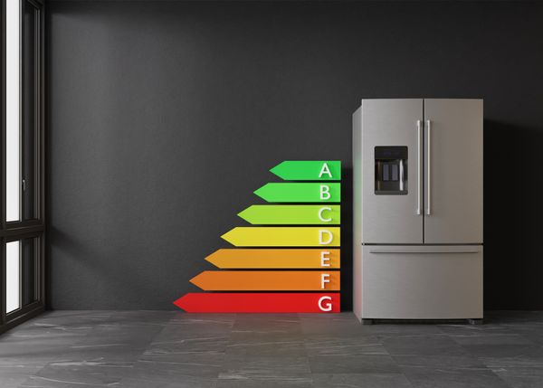 A mutlti-colored letter graph from A to G next to a French door refrigerator against a black wall