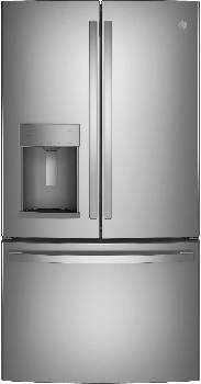 Front view of the GE GFE28GYNFS French door refrigerator 