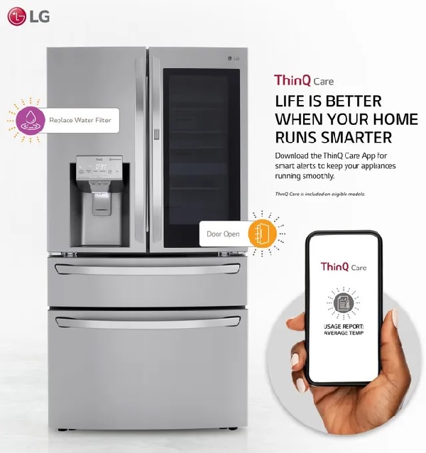 A graphic showing how the LG ThinQ Care app works on a smart device and refrigerator 