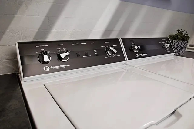 Up close view of the Speed Queen TR3003WN washer with a matching dryer 