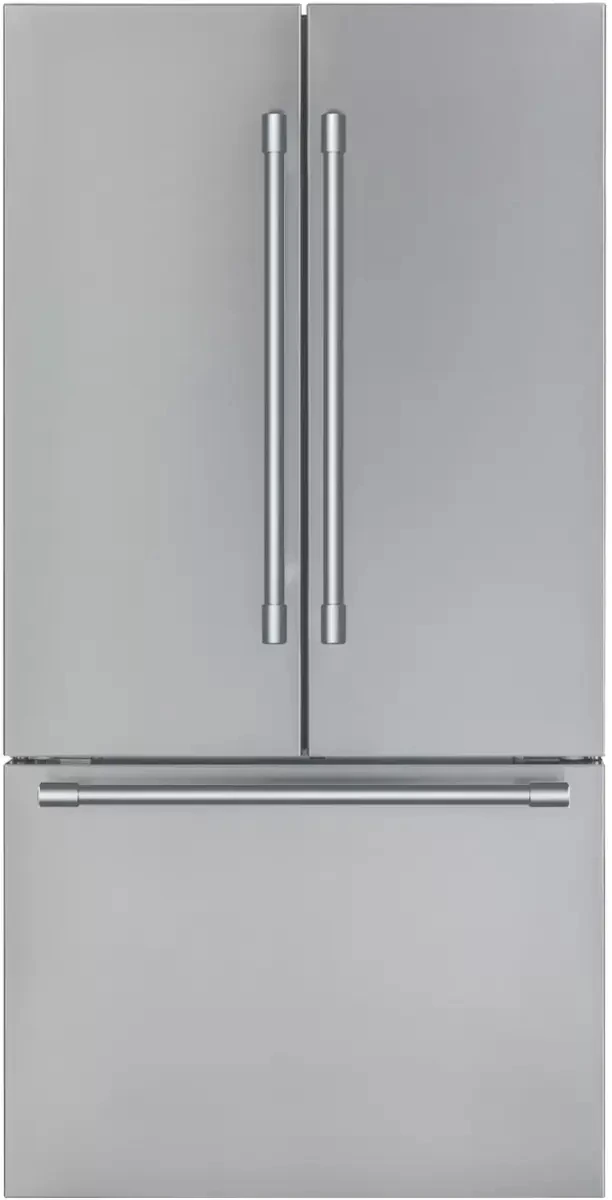 Front view of a Thermador Freedom 36” French door refrigerator 