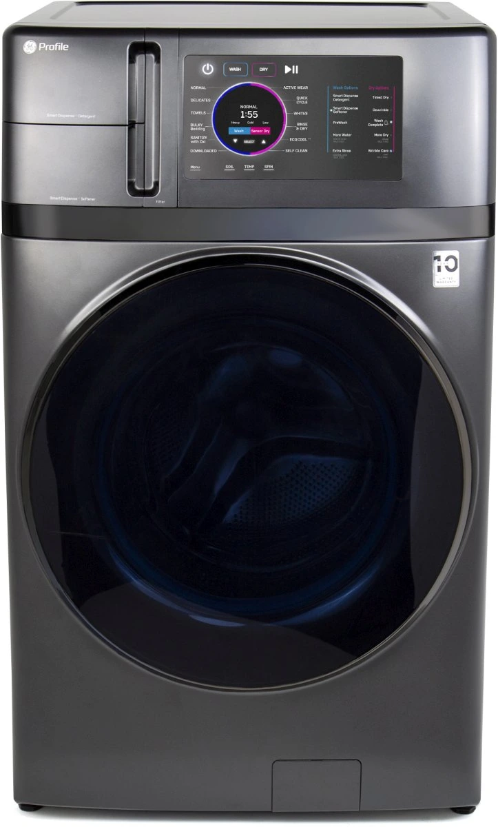 Front view of the GE Profile PFQ97HSPVDS UltraFast washer dryer combo 