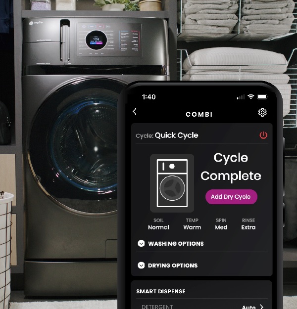 A smart device featuring the SmartQ app being used with the GE Profile UltraFast washer dryer combo 