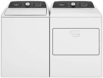Front view of a Whirlpool washer and dryer set featuring the Whirlpool WTW5010LW washer and Whirlpool WED5010LW dryer 