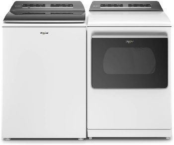 Front view of a Whirlpool washer and dryer set featuring the Whirlpool WTW8127LW washer and Whirlpool WED8127LW dryer 