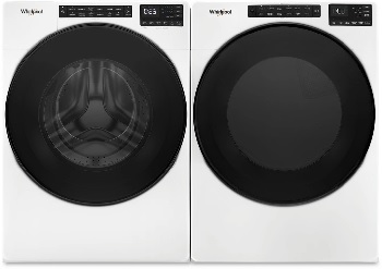 Front view of a Whirlpool front load washer and dryer set featuring the Whirlpool WFW5605MW washer and Whirlpool WED5605MW dryer 