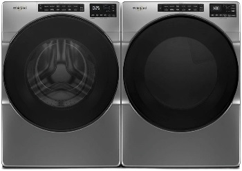 Front view of a Whirlpool chrome front load washer and dryer set featuring the Whirlpool WFW6605MC washer and Whirlpool WED6605MC dryer 