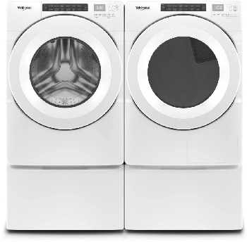 Front view of a Whirlpool front load washer and dryer pair featuring the Whirlpool WFW560CHW washer and Whirlpool WHD560CHW dryer 