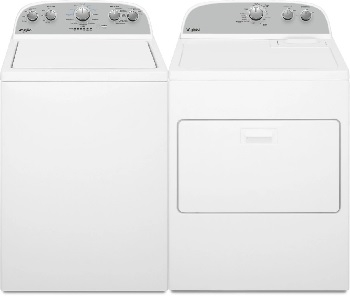 Front view of a Whirlpool washer and dryer pair featuring the Whirlpool WTW4955HW washer and Whirlpool WGD4950HW dryer 