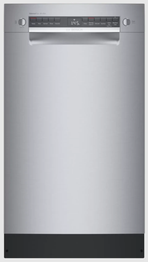 Front view of Bosch SPE53B55UC compact stainless steel dishwasher 